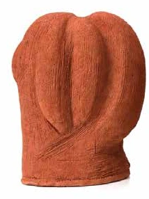 Rounded terracotta seed pod with an oval recessed face