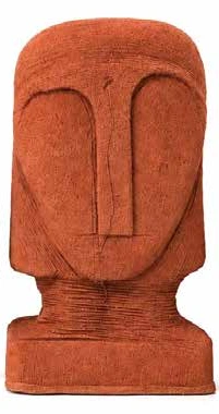 Large terracotta seed pod with a broad rectangular face