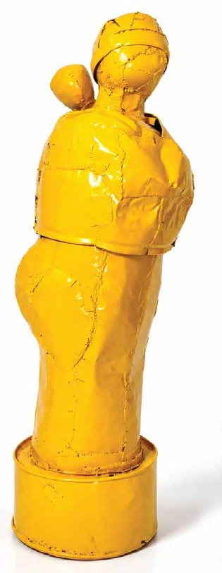 Yellow fragmented metal mother-and-child sculpture