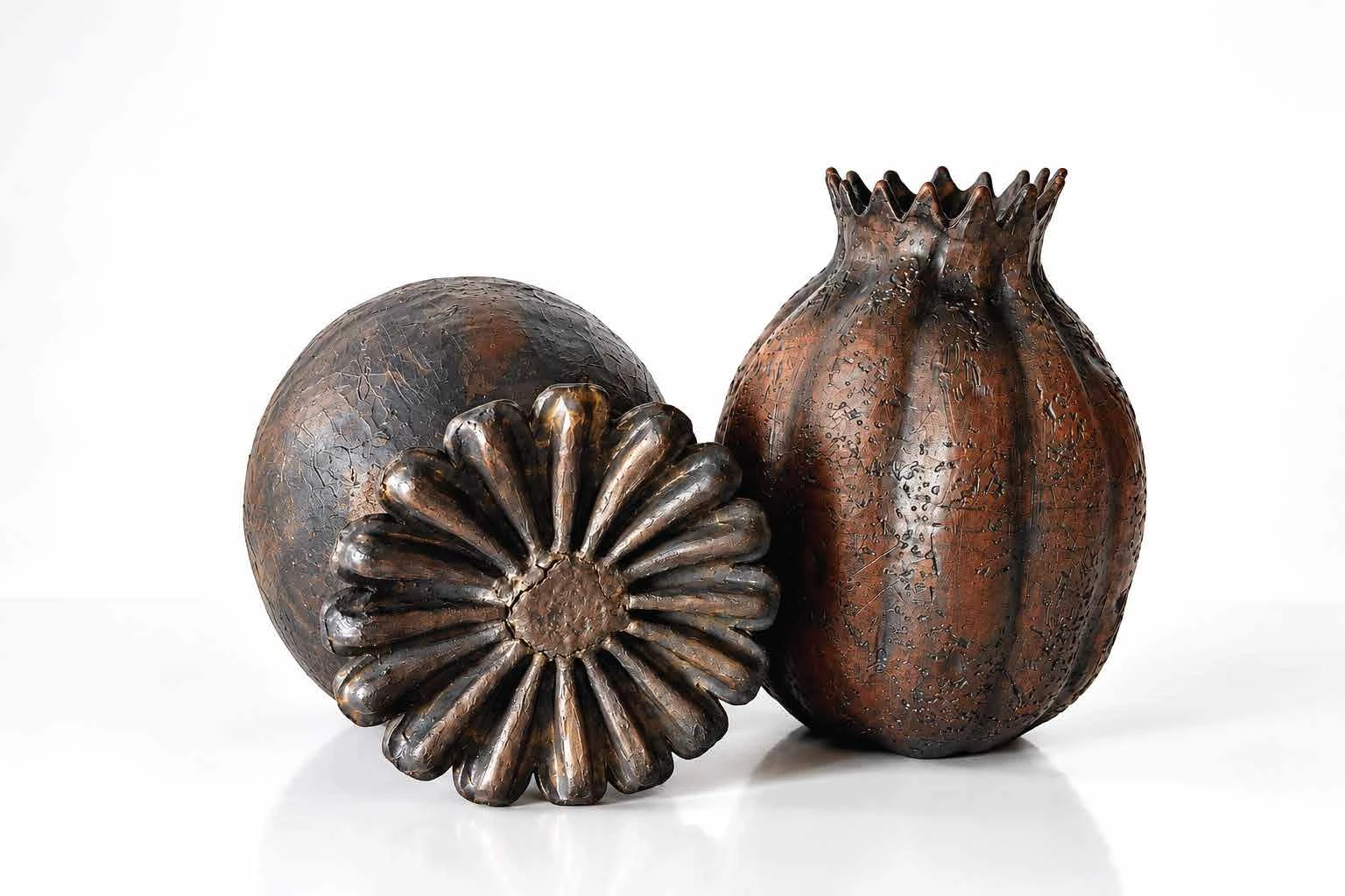 Two sculptural seed pod forms with dark, earth-toned surfaces